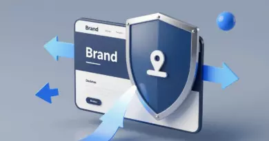 A modern, high‑resolution illustration showing a sleek website interface surrounded by a glowing protective shield. Streams of stylized traffic arrows flow toward the site, but the shield deflects malicious symbols while allowing legitimate branded traffic to pass. The scene conveys strong brand recognition and security without any visible text, logos, letters, or numbers.