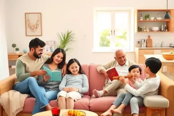 A warm, inviting scene of a multigenerational family in a modern home: parents and children sitting together on a cozy sofa, grandparents nearby sharing stories, a child reading a book, another child playing a musical instrument, subtle symbols of love and support such as gentle embraces and smiles, soft natural lighting through a window, a kitchen area with a shared meal being prepared, all conveying harmony, respect, and nurturing family values without any text or symbols