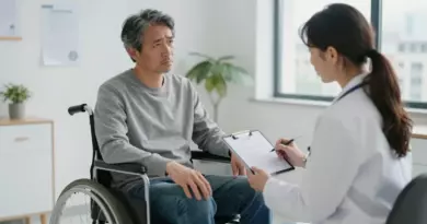 A middle-aged individual in a wheelchair sitting in a modern doctor's office, looking concerned while a compassionate doctor reviews medical records on a tablet, with a calm and supportive atmosphere, soft natural lighting, and subtle background elements like a plant and a window showing a gentle cityscape