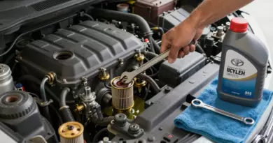 A detailed photorealistic scene of a Toyota Camry V55 engine bay during an oil change: a mechanic's hand holding a wrench loosening the oil drain plug, a drain pan catching oil, an oil filter being removed, fresh oil bottle, and clean tools arranged neatly, all with realistic lighting and focus on the engine components