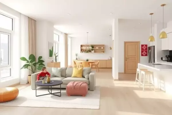 A bright, modern family apartment interior with an open living room, kitchen, and a separate children's play area, showing a spacious layout suitable for a family with two children, featuring natural light, comfortable furniture, and a sense of ample space