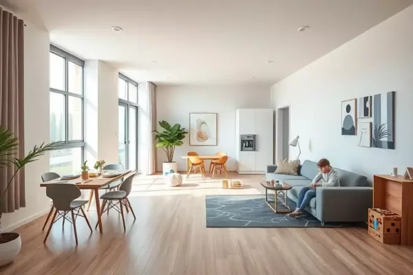 A bright, spacious modern apartment interior in the Moscow region, showcasing an open-plan living area with a comfortable sofa, a dining table set for a family, a play corner with toys, large windows letting in natural light, tasteful minimalist décor, and clear zoning between living, dining, and children's spaces, conveying a harmonious and comfortable family lifestyle