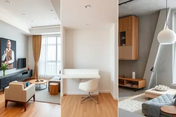 A modern apartment interior in Aprelovka, displayed in three adjacent sections representing three levels of finishing: a fully furnished, stylishly designed living space with elegant furniture and decor; a partially finished space showing basic fixtures and neutral walls ready for customization; and a raw, unfinished space with exposed walls, concrete floor and minimal construction elements. The overall scene conveys a comfortable, high-quality residential environment within a closed, gated community, with natural lighting and a cohesive architectural style.