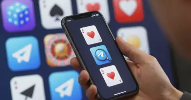 A modern person holding a smartphone, looking at a screen filled with abstract icons representing iGaming and gambling such as dice, playing cards, roulette wheel, and a magnifying glass, all arranged in a sleek, digital collage that conveys searching for the best Telegram channels, without any visible text or logos.