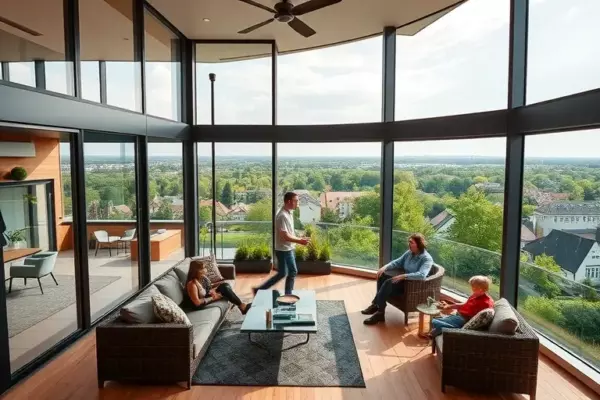 A spacious, modern penthouse in the Moscow region with large floor-to-ceiling windows, a second source of natural light, and a panoramic terrace overlooking a green suburban landscape. The terrace features comfortable outdoor furniture, a small garden, and a family of four enjoying the view, conveying a comfortable, upscale lifestyle.
